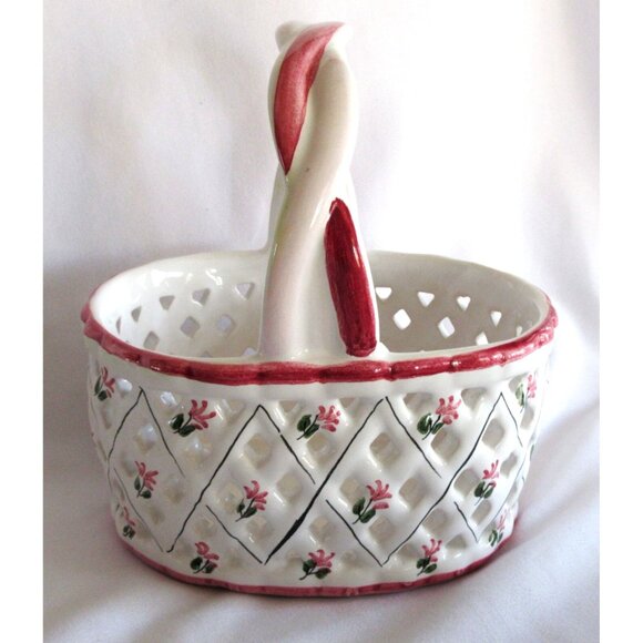 Vintage Porcelain Holu Hand Painted Open Weave Basket Flowers Handle Portugal - Picture 1 of 5